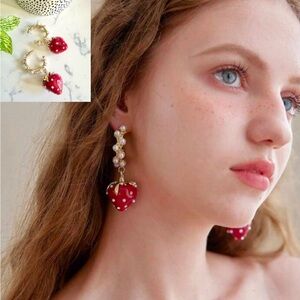 2/$30🌵 Enameled Strawberry Faux Pearl Gold Hoop Earrings Kawaii Jewelry NEW